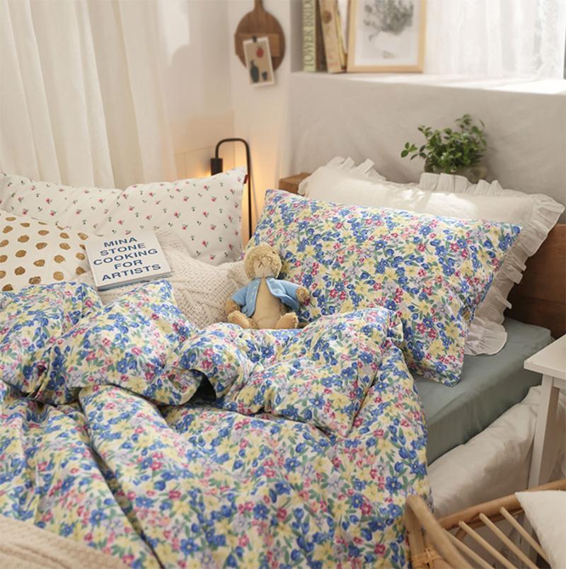 

Cute sweet blue yellow flower bedding set kid teen,cotton  full queen lovely home textile bed sheet pillow case quilt cover1, Picture color