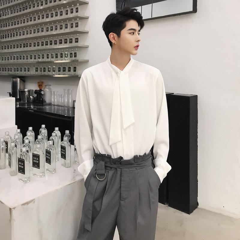 

Plus Size Loose Oversized Neck Tie Bow Strap Solid White Black Long Sleeve Shirt Men Blouse Top Streetwear Japanese Fashion 2020