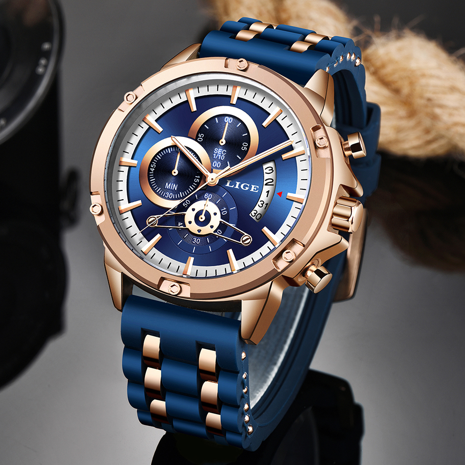 

LIGE 2020 Mens Watches Top Brand Luxury Men Military Sport Wristwatch Silica gel Quartz Watch erkek saat Relogio Masculino+gift LJ201123, Rose gold blue