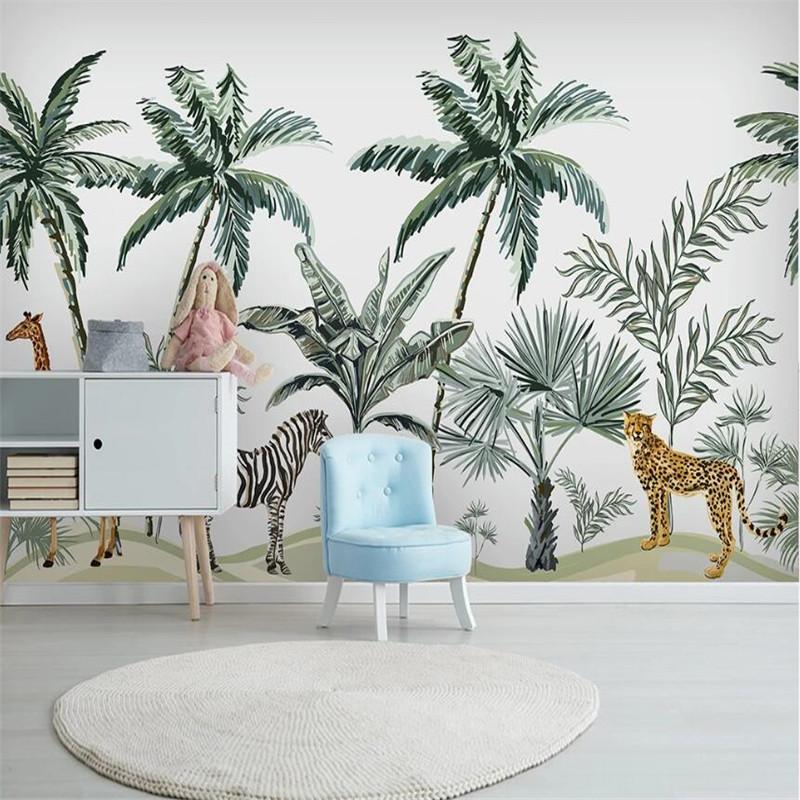 

Large 3D wallpaper mural custom Nordic hand-painted tropical plants and animals TV background wallpaper mural, Silk cloth