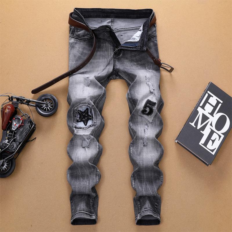 

Fashion Distressed Jeans Men's Ripped Patch Elastic Tight Pencil Pants 2020 Autumn and Winter Men's Trousers Skinny Jeans, Gray