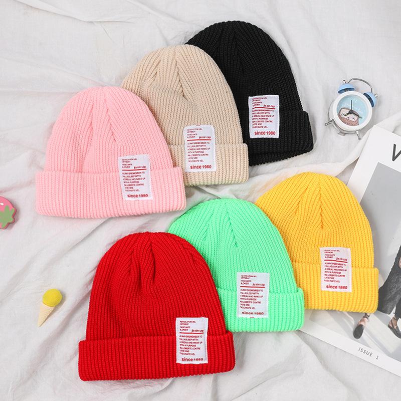 

Unisex Candy Color Knitted Beanie Hat Winter Warm Letter Thicken Beanie Caps For Men And Women Ear Warm Hat Girls Autumn Hats