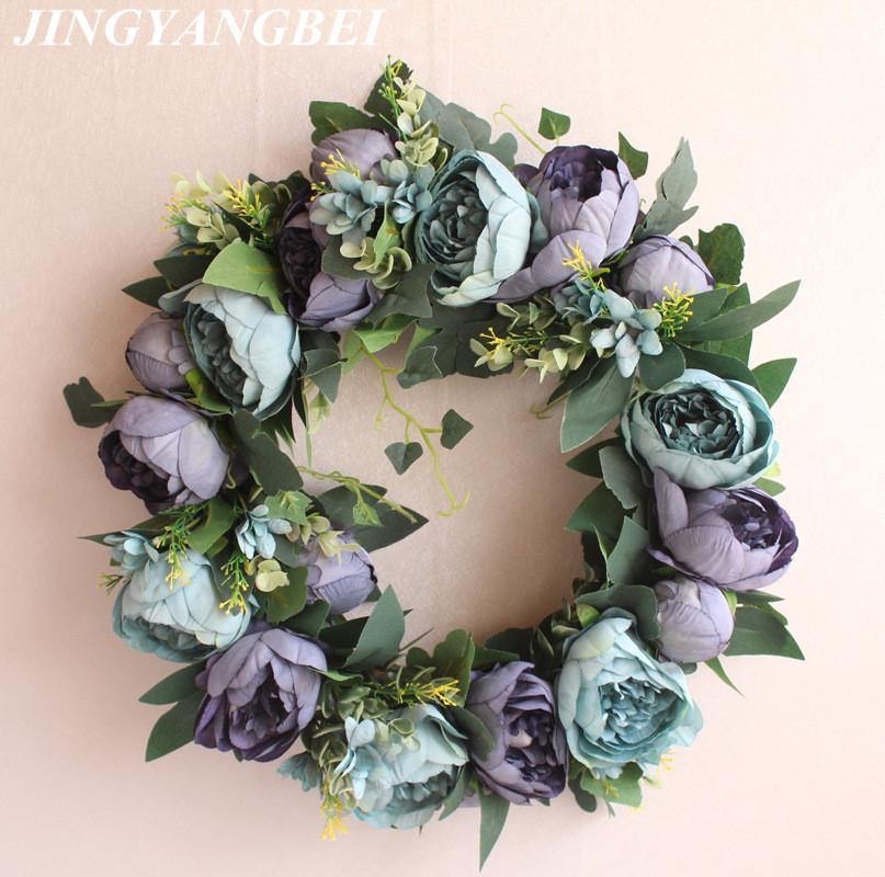 

40cm 4colors Silk Peony Artificial Flowers Wreaths Door Perfect Quality Artificial Garland For Wedding decoration Home Party Dec1, Green