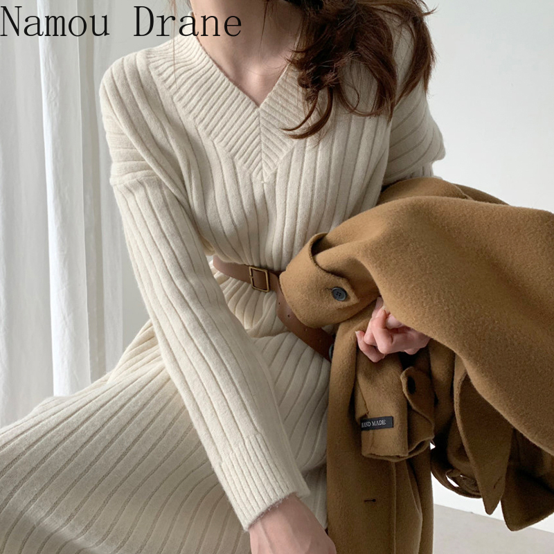 

Autumn Winter Straight Knitted Dress Women V-neck Female Sweater Dress Casual Female Knitted Pullovers Dress Maxi Vestidos 201110, Brown
