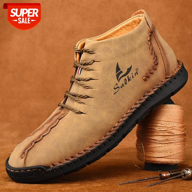 

2020 Fashion Winter Men Boots Leather Handmade Ankle Boots Blue Outdoor Autumn Men Casual Leather Shoes #TN6D