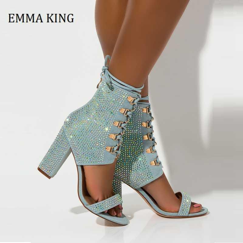 

2020 Design Bling Rhinestone Women Sandals Chunky Heels Women Shoes Open Toe Bootas Sandal Lace-up Ankle Wrap Gladiator Sandals1, 10cm heels