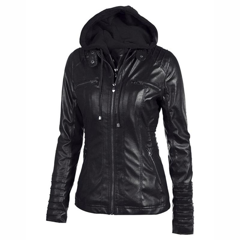 

Women Casual Full-Zip O Neck Long Zipper Sleeve Spring, Autumn Synthetic Leather Solid Hooded Jacket Tops, Brown