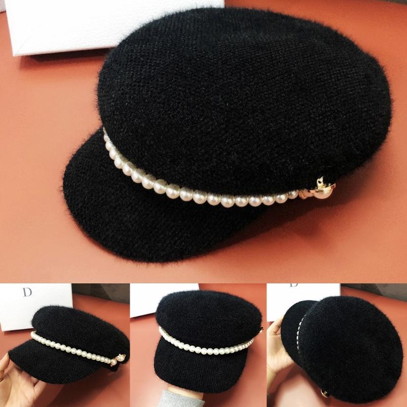 

Women Winter Warm Vintage Beanie Navy Hat Imitation Pearl Buttons Beaded Thicken Faux Fur Lady Newsboy Visors Beret Cap, White