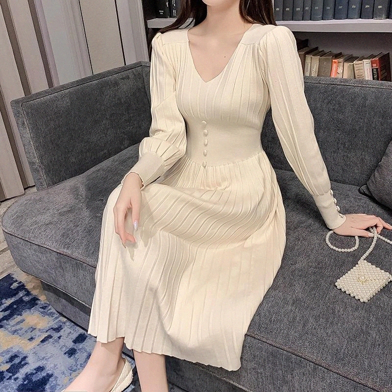 

JXMYY 2020 autumn new product French bellflower design sense niche light mature style light luxury ladies knitted dress #4i9J, Black;gray