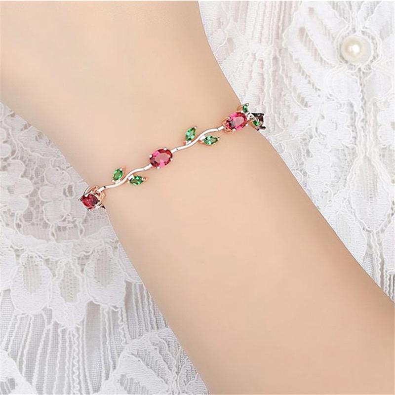 

Rose Leaf Chain & Link Bracelet with Red + Green Zircon for Mother Gifts Jewelry