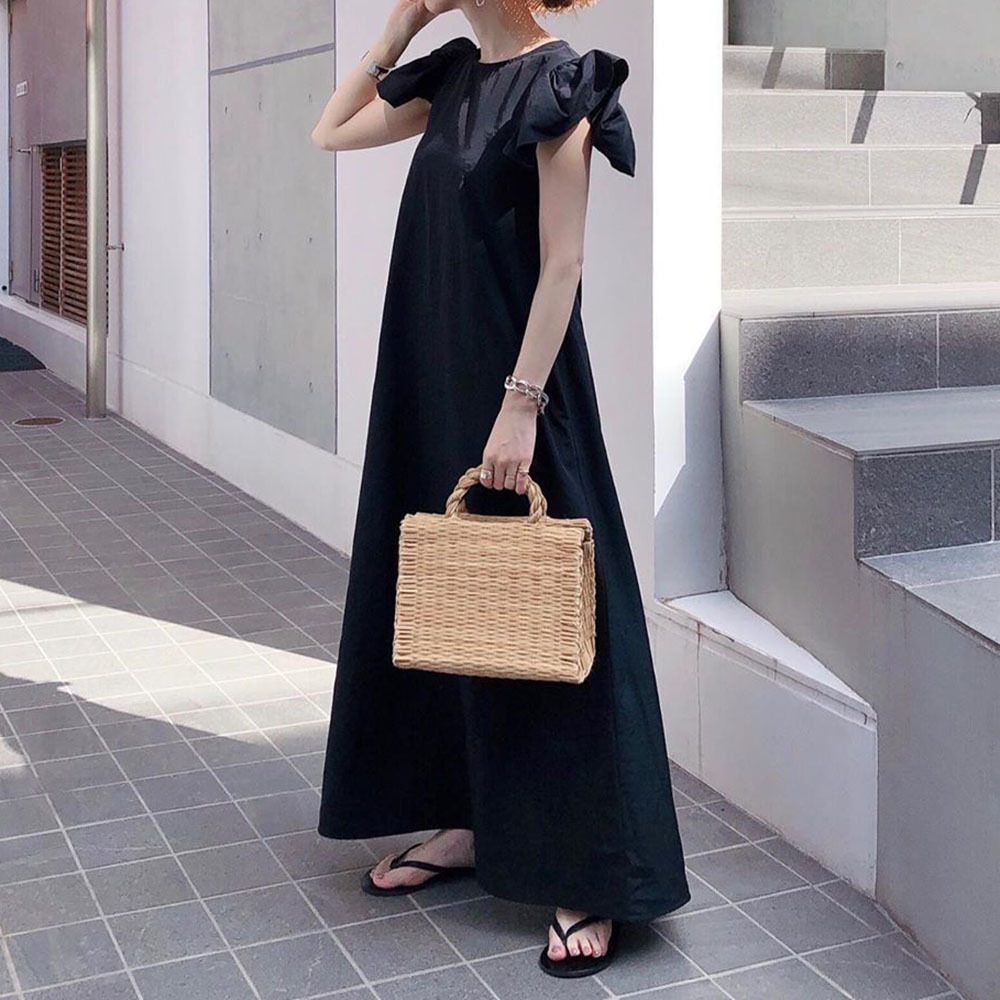 

2021 New Black Ruffles Summer Long Women Korean Style a Line Pullover Daily Work Office Holiday Maxi Dress Robe K7CG, Black 2