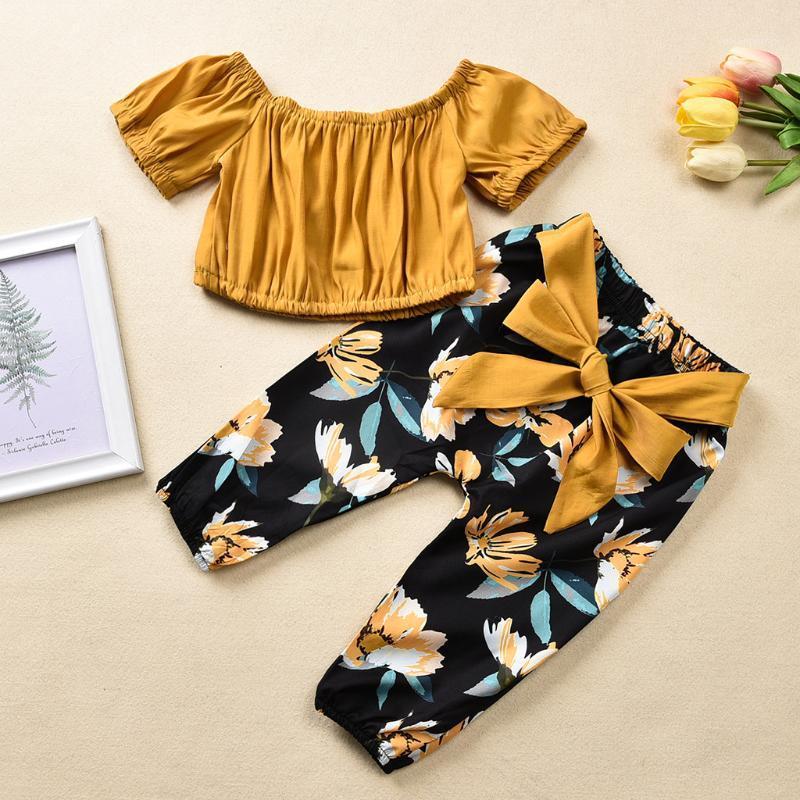 

Toddler Kids Girl Clothing Sets Flower Off Shoulder Crop Tops Bow Shorts Outfit Sunsuit 2pcs Casual Summer Clothes Set 20201, Yellow