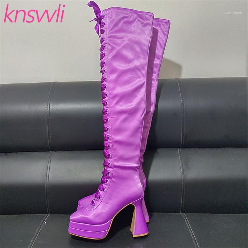 

Satin Candy Color Stage Show Shoes Women High Heel Over The Knee Boots Ladies Strange Style Heel Platform Thigh High Boots Woman1, Rose red