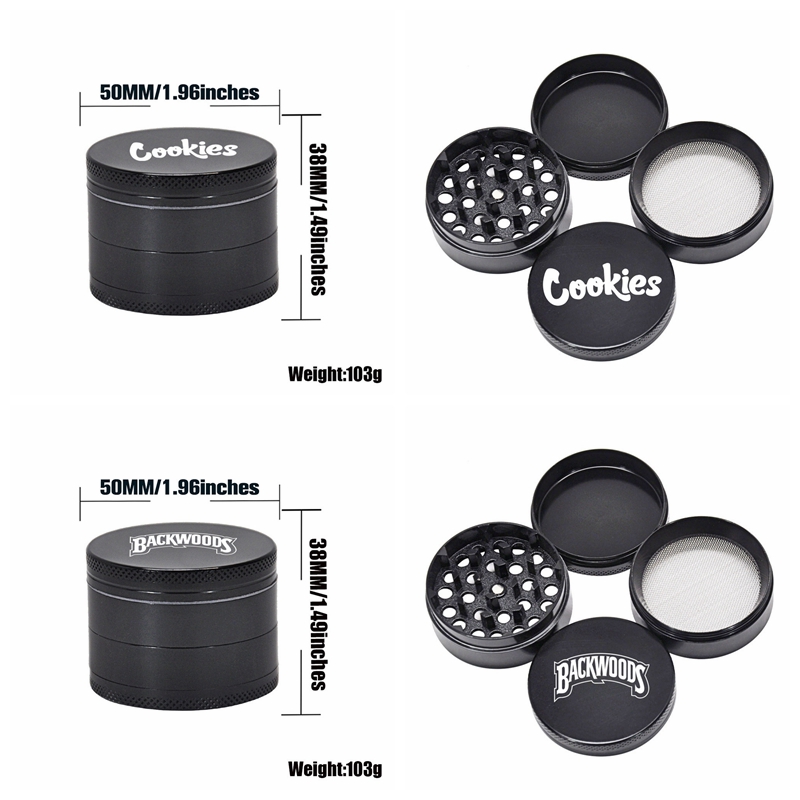 

BACKWOODS Cookies Metal Zinc Alloy Smoking Herb 50mm 4 Parts Layers Tobacco Cigarette Black Grinders Spice Tray Crusher Herbal Miller