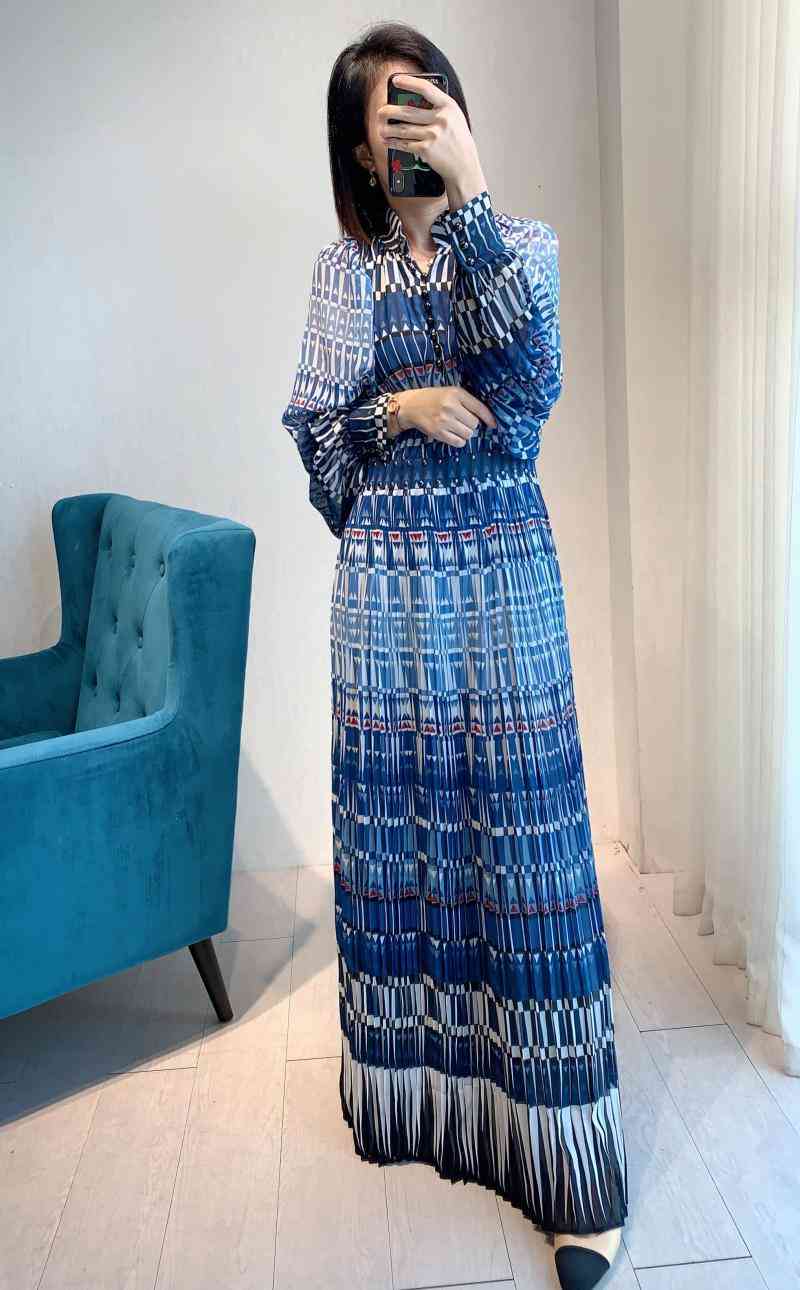 

Casual Dresses style, beautiful Goddess drunk elegant long skirt, blue material heavy industry accordion pleated waist dress woman OIL5, Multi