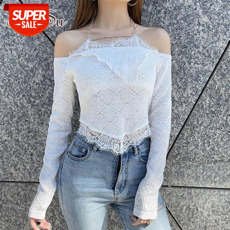 

ArtSu Lace Trim Gothic E Girl T-Shirts Women White Bodycon Off Shoulder Long Sleeve Crop Tops Sexy See Through Tee Shirt TS52689 #6p1I