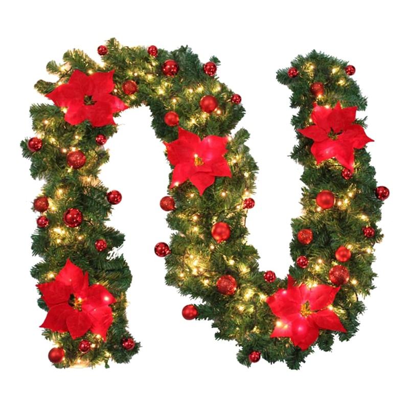 

9 Ft Pre-Lit Garland Christmas Illuminated LED Light Flower Ball Decoration Pine Cone Xmas Wreath Stairs Fireplace (Red
