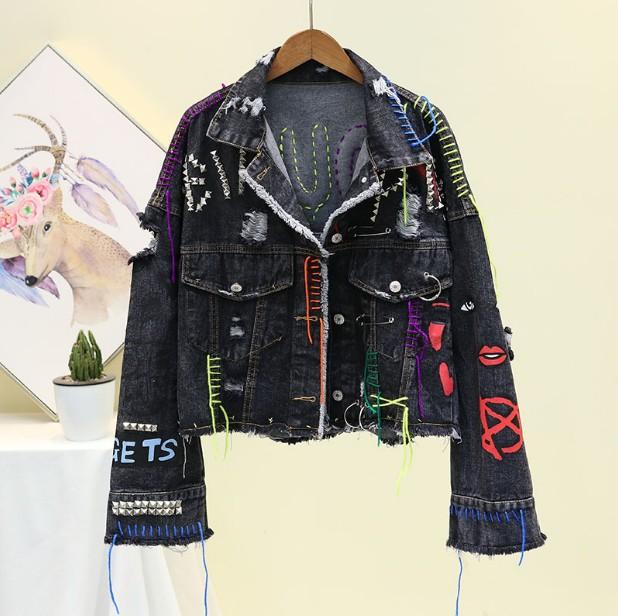 

New Fashion Autumn Graffiti Short Denim Coat Women Personality Edge Cut Heavy Rivet Fringed Jeans Jacket Loose Cowboy Coats, Black