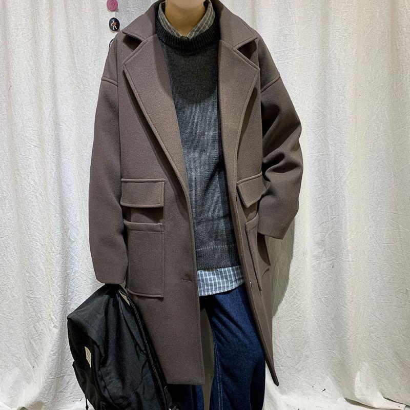 

2020 Autumn And Winter New Youth Popular Korean Solid Color Mid-length Woolen Coat Fashion Casual Single-breasted Trench Coat, Black