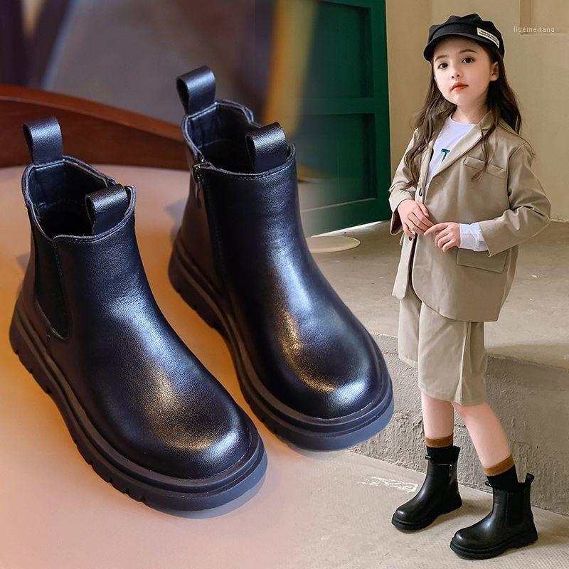 

2021 Girls Martn Boots New Spring and Winter Students Children Boys Non-slip Single Boots Zip Leather Shoes Plus Velvet Short1, Black