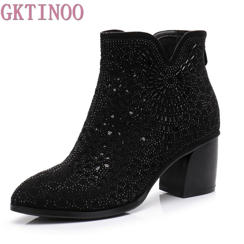 

GKTINOO 2020 Spring Autumn Women Ankle Boots Crystal High Heels Boots Pointed Toe Thick Heel Short Women's Shoes Big Size, Black