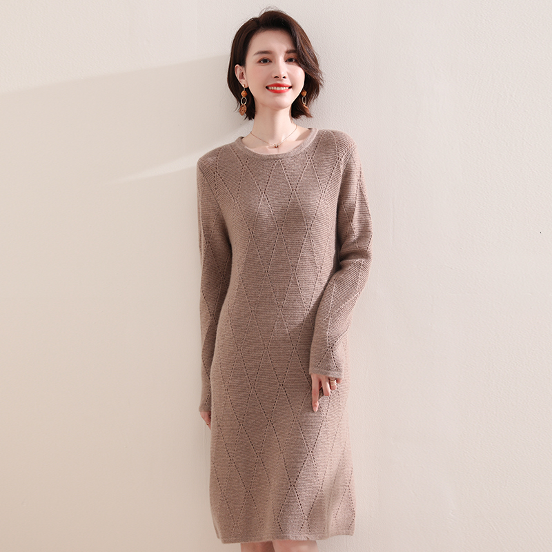 

2021 High quality Hot Selling Women's Dress 100% Pure Cashmere Goat Crocheted Winter Jumpers Fashion Long Ladies'dresses RDCA, Camel
