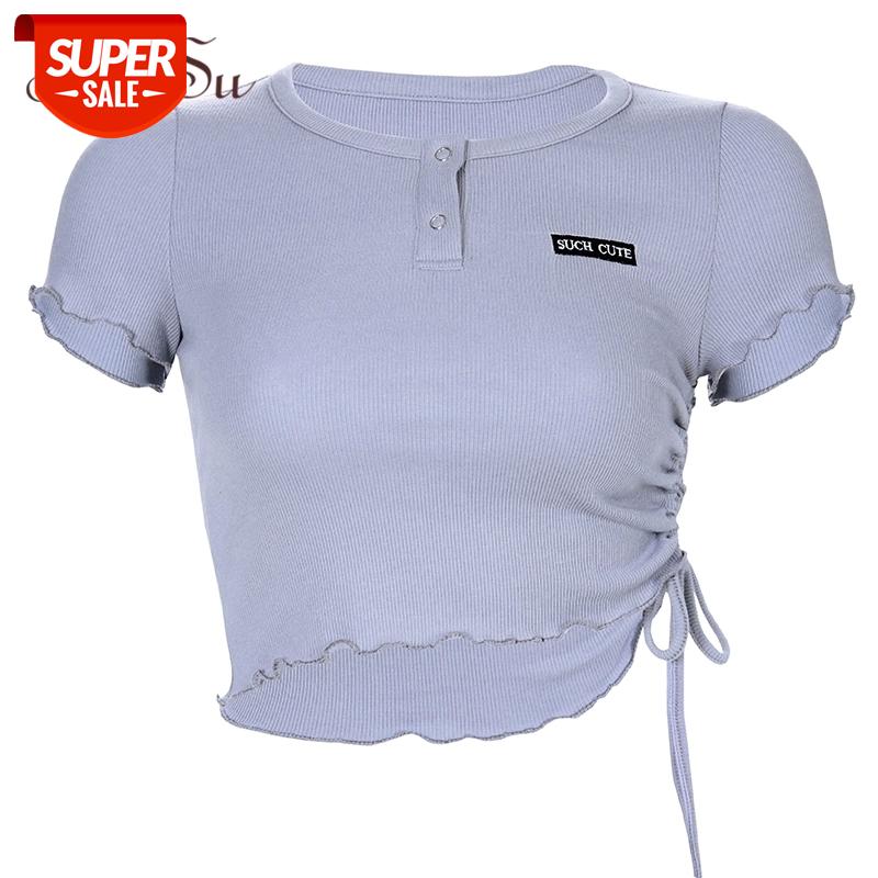 

ArtSu Cute Crop Top T Shirt Ladies Korean Basic Womens Tshirts Short Sleeve Tee Shirt Femme Casual Summer Drawstring ASTS21053 #0z2E, White