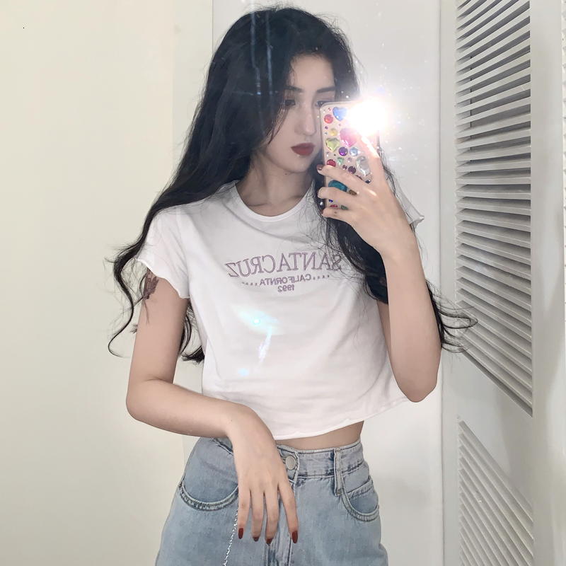 

2021 New summer purple embroidered letter short sleeve tshirt design of women women's female T-shirt tops (c2381) UOSH, White
