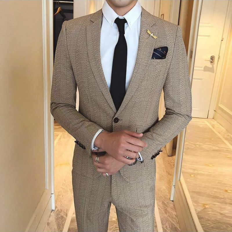 

2020 Men's Tweed Fine Prom Party Night Club Gray Khaki Autumn Male Suit 7j5v