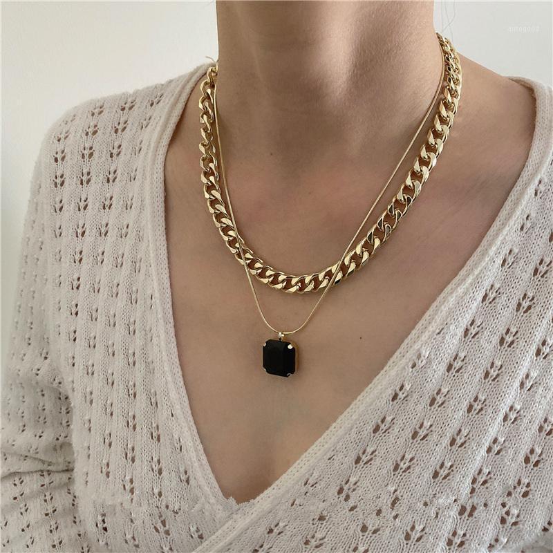 

Chains AOMU Fashion Hip Hop Double Layer Geometric Black Square Rhinestone Pendant Long Thick Chain Necklace For Women Girls Jewelry1