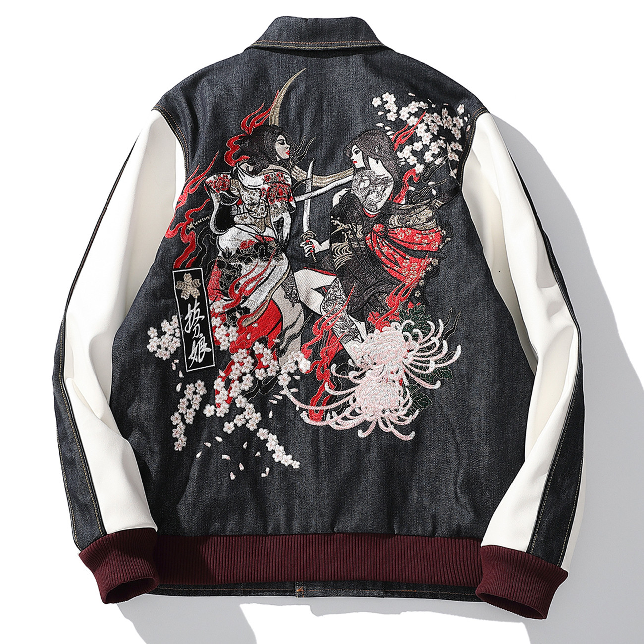 

2021 New Hip Hop Denim Men Streetwear Fighting Girls Embroidery Harajuku Color Block Cotton Track Jacket Outwear Parw, Black