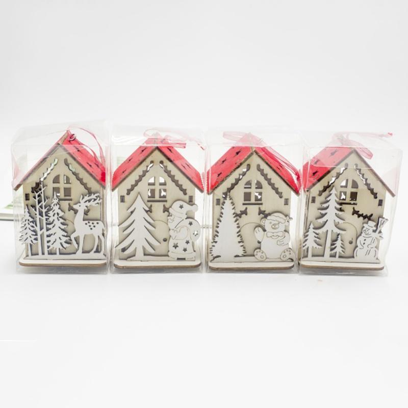 

Christmas Small Wooden House With Lights Household Hang Decoration1