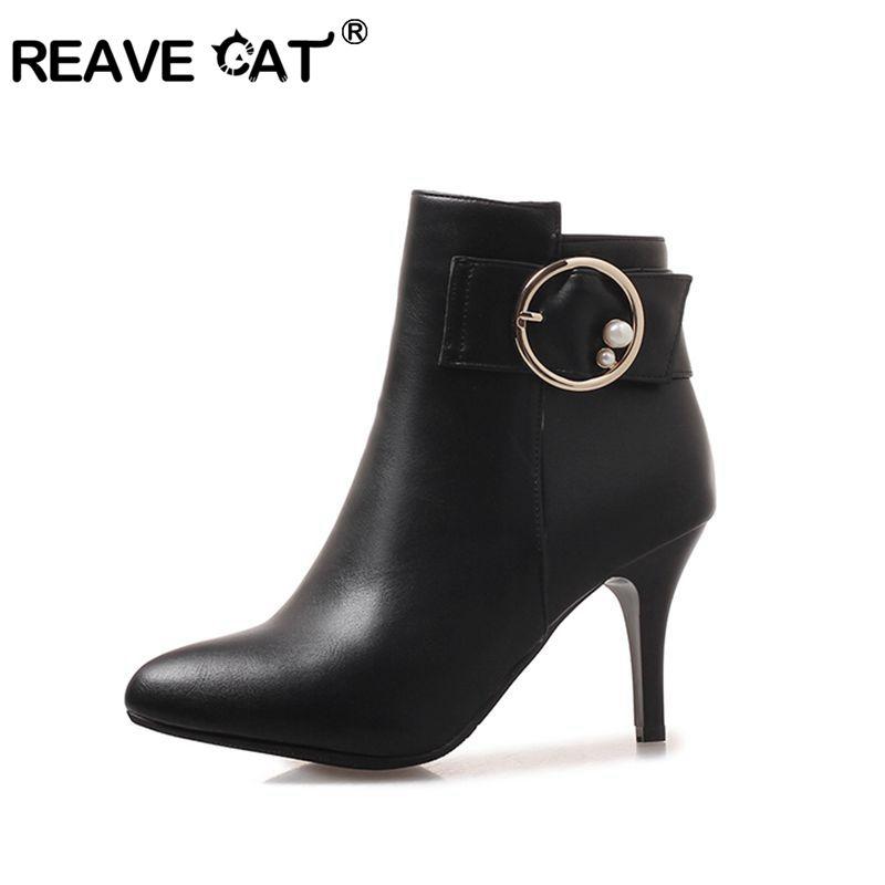 

REAVE CAT Women Spring Boots Sexy High Heels Boots Buckle Thin Heel Short Zip Spring Party Shoes Chaussure Femme A1124, Army green