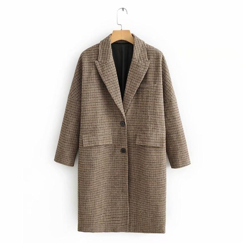 

2021 winter plaid long coat ladies single-breasted wool coat European fashion ladies retro warm clothes, Black