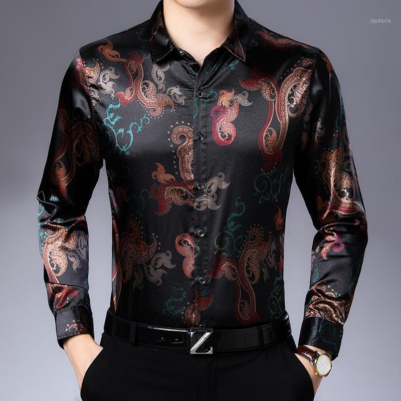 

Mens Vintage Satin Shirts Baroque Silk Shirts Mens Cashew Flowers Luxury Blouse Retro Floral Printed Clothing Large Size1, Black