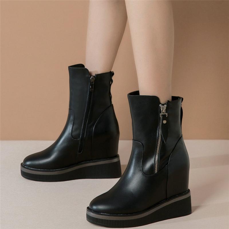 

Platform Wedges Pumps Shoes Women Genuine Leather High Heel Ankle Boots Female High Top Round Toe Fashion Sneakers Casual Shoes, Black