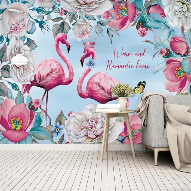 

Milofi custom wallpaper mural hand-painted Nordic couple flamingo living room bedroom decoration painting background wall1, Silk cloth