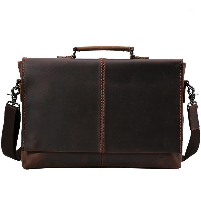 

Brown Crazy Horse Leather Briefcase Men Laptop Office Work Bag Men Genuine Leather Handbag Vintage Business Messenger Bag Male1, Drak brown