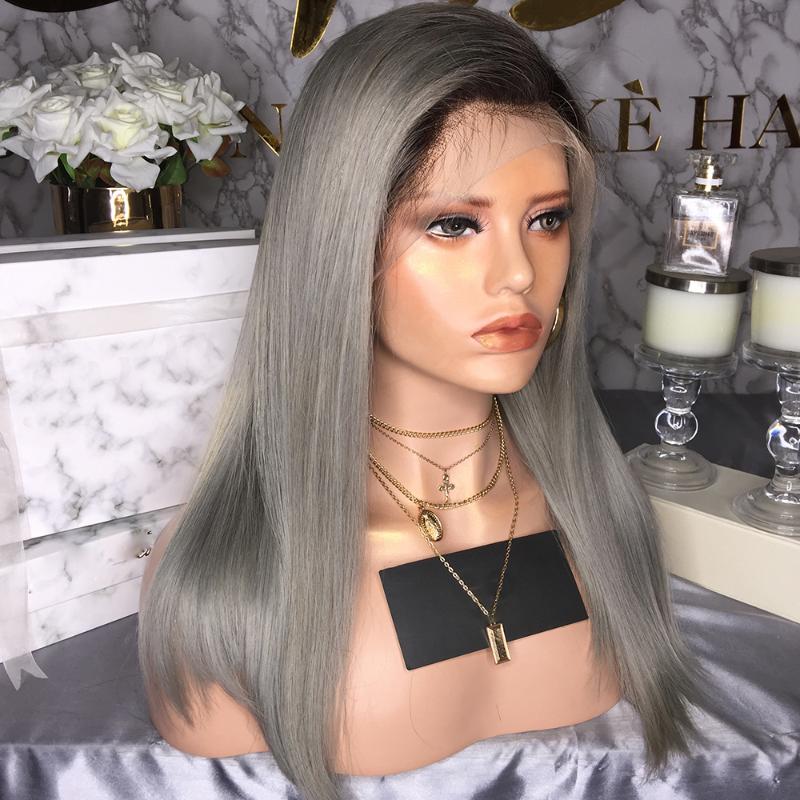 

Ombre Gray Silky Straight Lace Front Synthetic Wig For Black Women With Baby Hair Middle Part Natural Hairline Daily Wigs, As pic