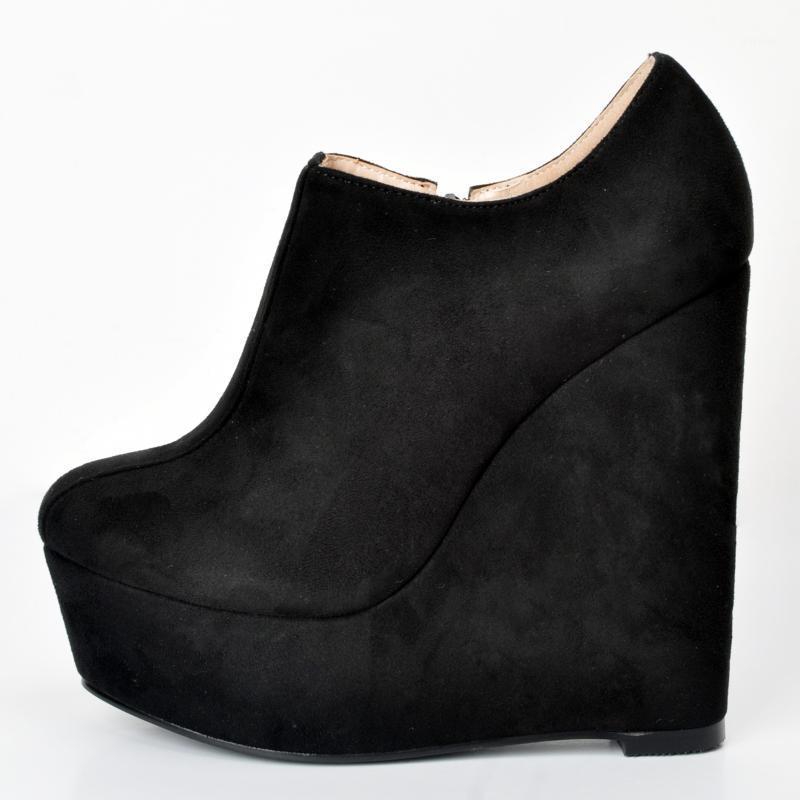 

Womens Suede Leather Black Ankle Boots High Platform Round Toe Wedges Super High Heel Roman Shoes Plus US Size 4-121