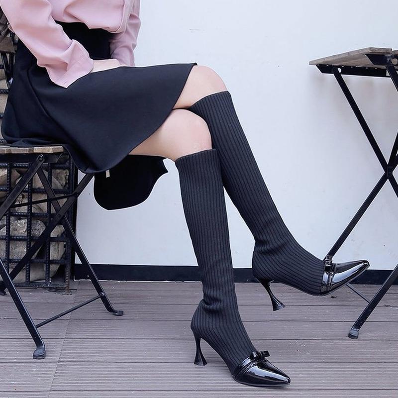 

Boots Women's 2020 Autumn Winter Knee High Boots for Woman Shoes Knitting Wool Long Boot Women Pointed Toe Black Ladies Shoes