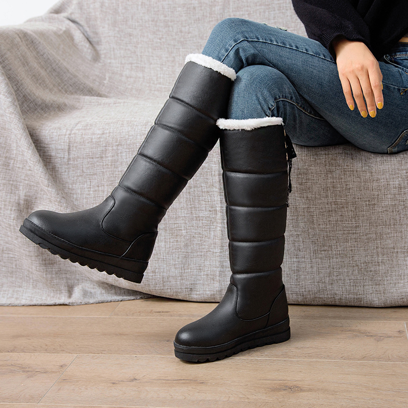 

2021 New Winter Lace Up Snow Pu Leather Warm Fur Knee High Boots Wedges Med Heel Casual Women Shoes Big Size 34-43 7knx, Black