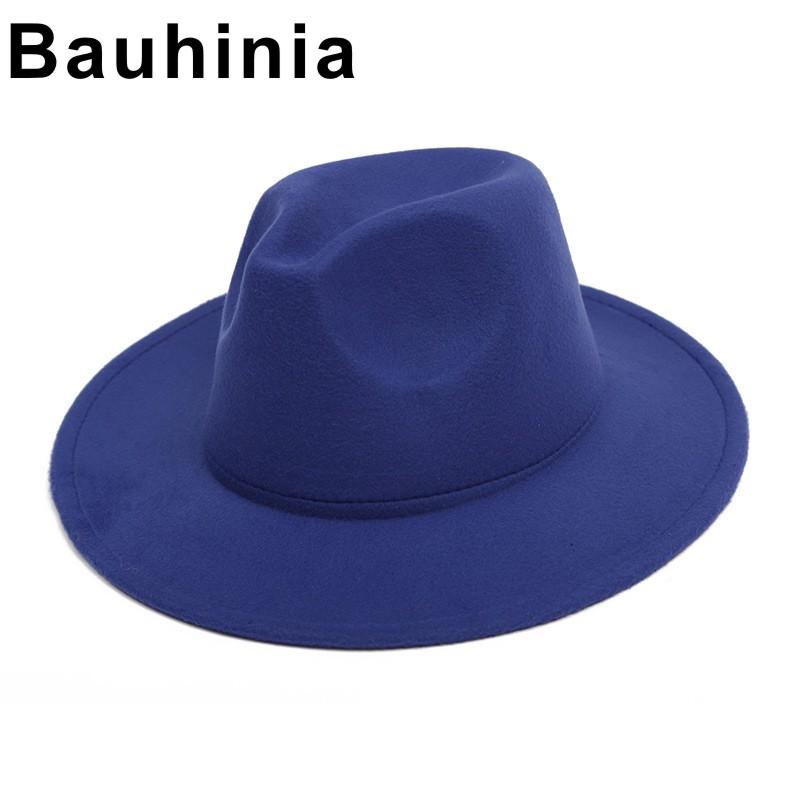 

Bauhinia brand new woolen hat for autumn and winter, simple flat top British style jazz solid color big edge Korean felt hat, Black
