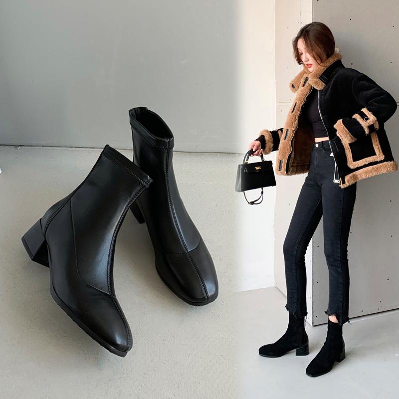 

Quality Suede Leather Ankle Boots For Women Comfy Low Heels Black Sock Boots Women's Shoes Autumn Slim Short Shoes Woman 9, 6 short plush