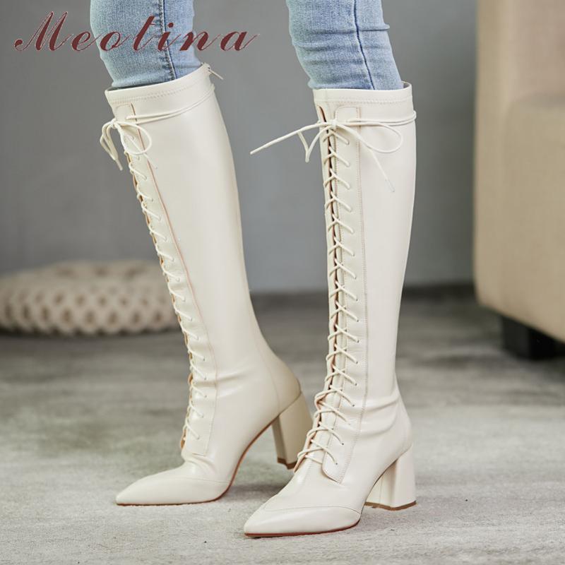 

Meotina Long Boots Women Shoes Pointed Toe Block Heels Knee High Boots Cross Tied Zipper Fashion Ladies Autumn Winter 40, Black synthetic lin