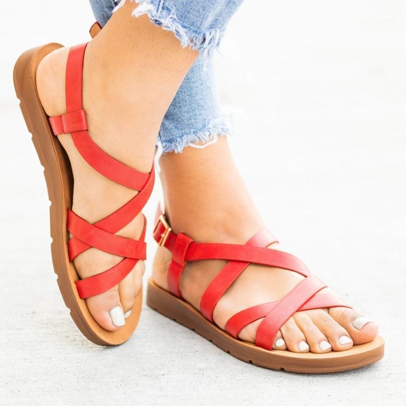 

New Summer Shoes 2020 Casual Woman Sandals Red Flat Fashion Ladies Shoes Buckle Ladies Open Toe Casual Size 35-431