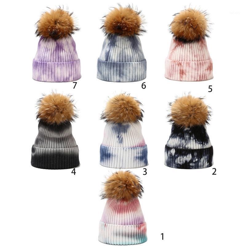 

Women Winter Warm Ribbed Knit Beanie Hat with Detachable Fluffy Pompom Gradient Tie-Dye Harajuku Windproof Skull Cap1