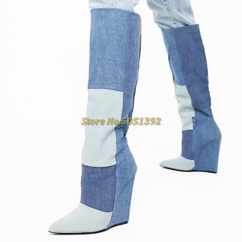

Denim Wedges Boots New Arrival Zipper Patchwork Knee High Women Winter Boots Pointed Toe High Heel Mixed Color Dress Runway Shoe1, Blue