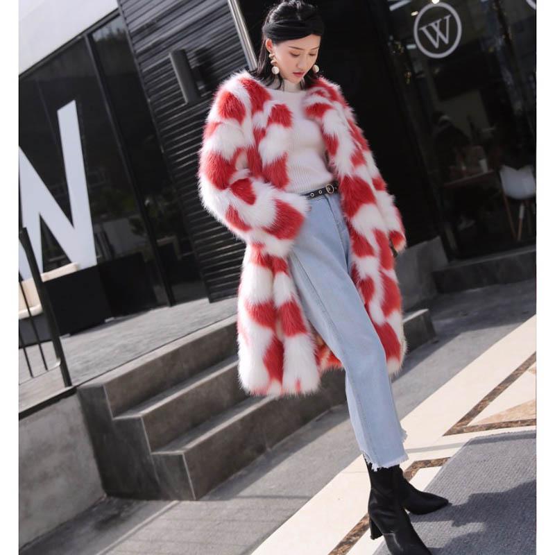 

FOLOBE 2020 Autumn Winter Fashion Red White Contrast Color Faux Fur Coat Women Loose Imitation Fur Long Women Outerwear, Picture color