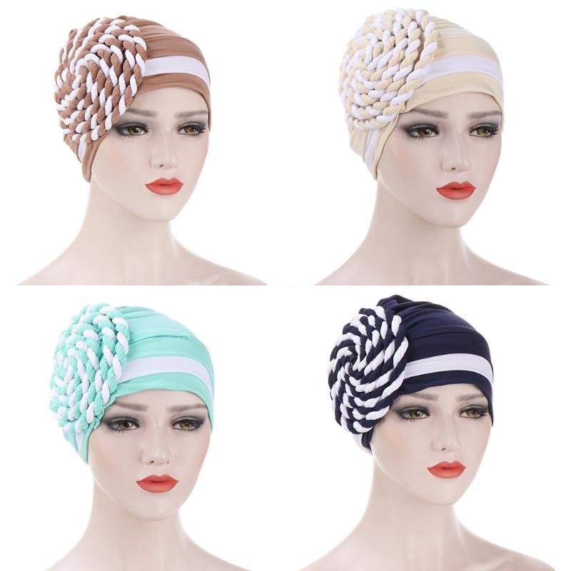 

Women Muslim Pre-Tied Turban Hat Side Twisted Braid Beanies Headwrap Color Block Stripes Pleated Chemo Cap C6UD
